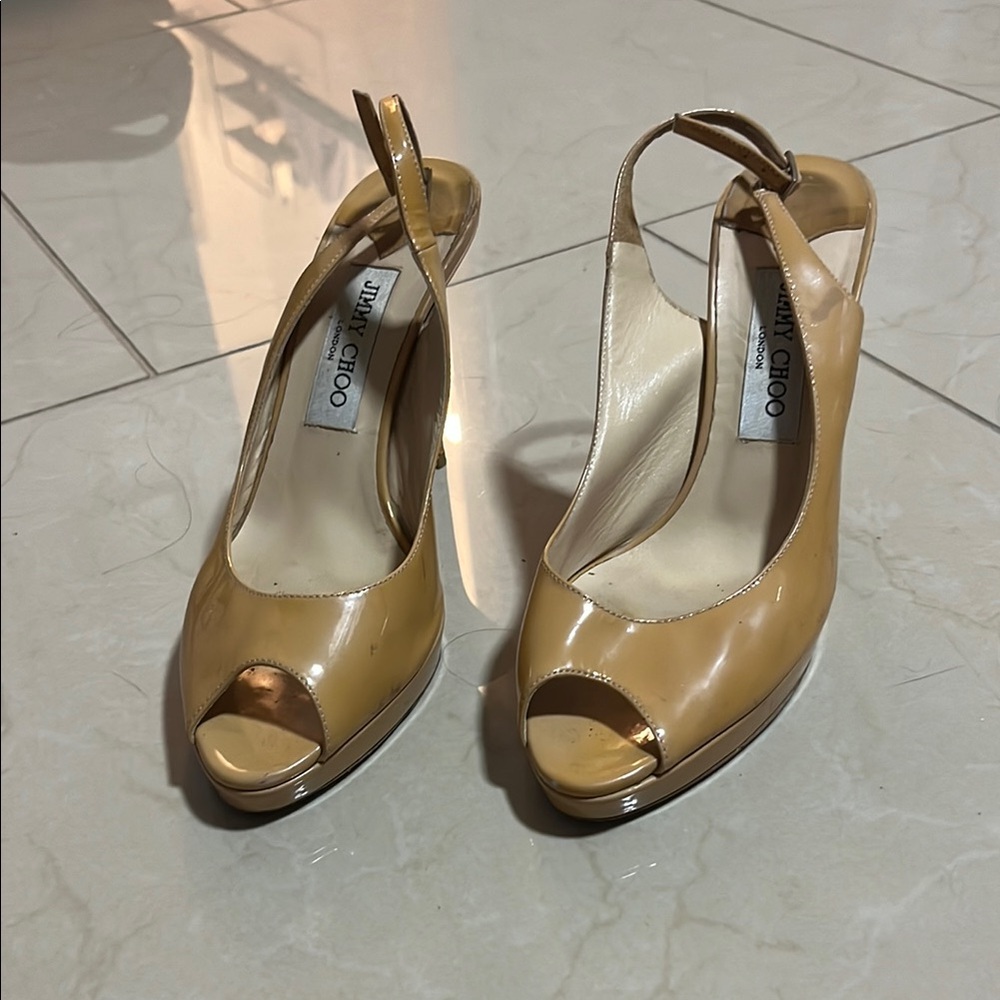 Jimmy Choo Cream Patent Leather Slingback Heels